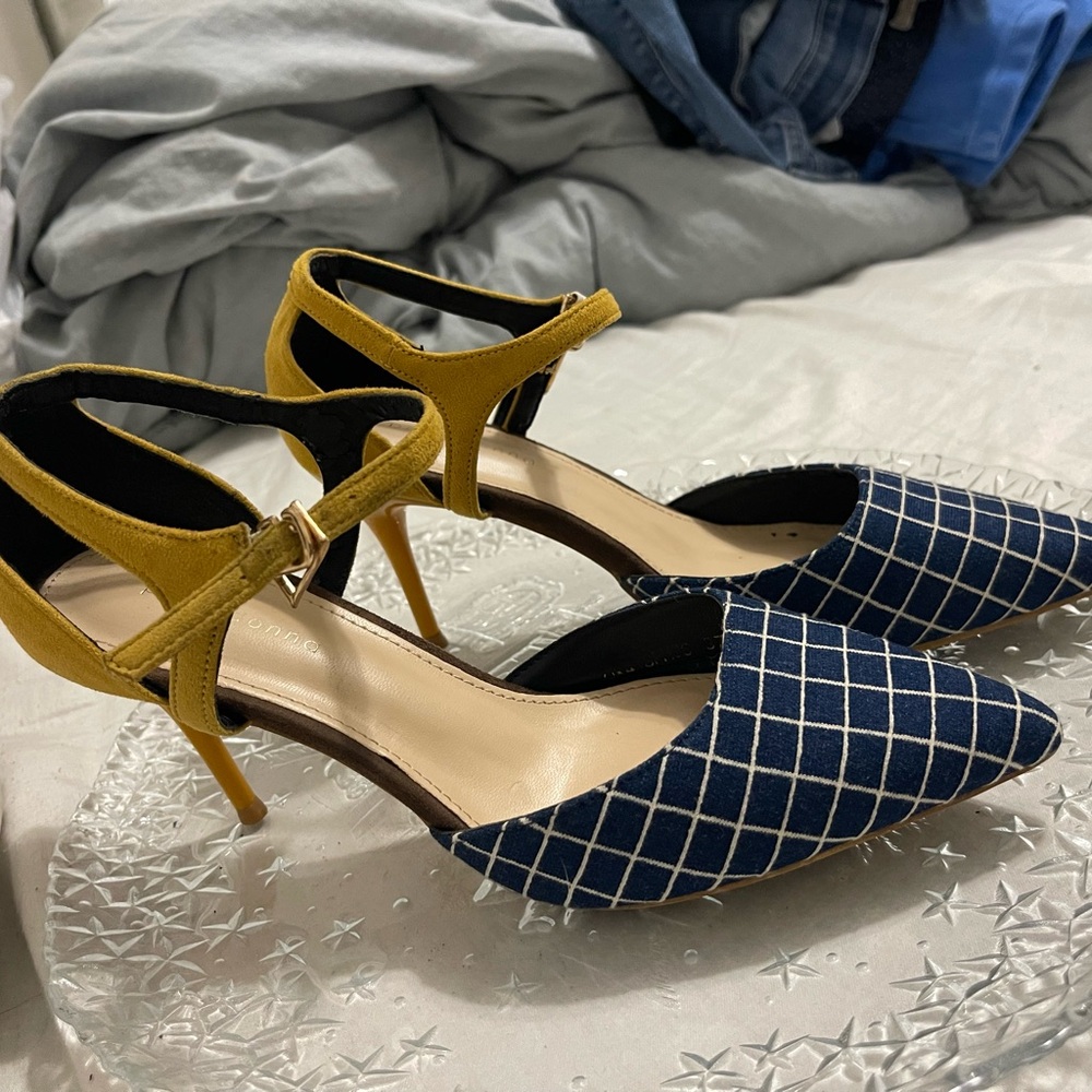 Chic Blue and Mustard Checkered Heels